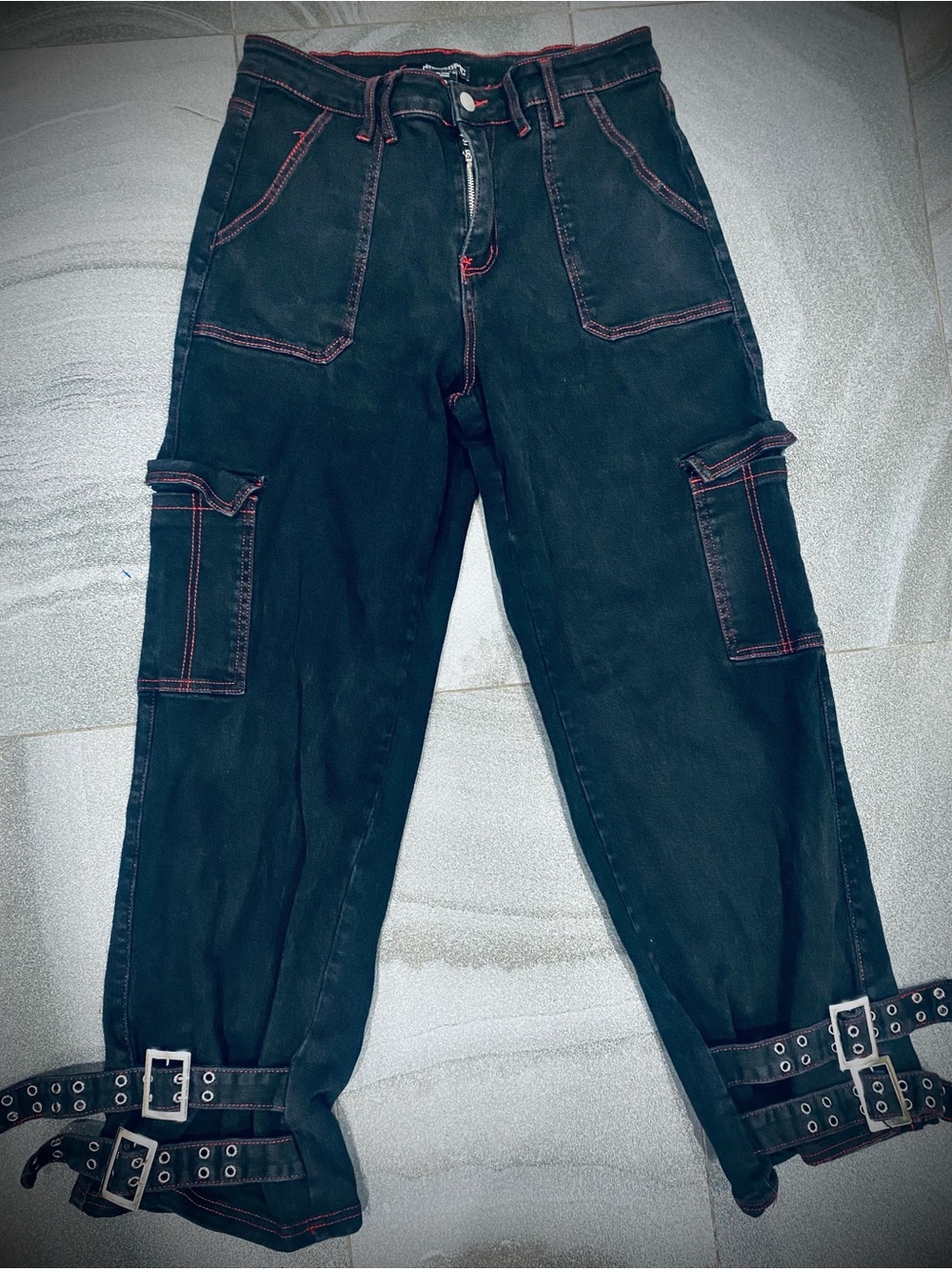 Vintage Women’s Hot Topic Black Baggy Contrast Stitch Buckle Baggy Cargo Jeans